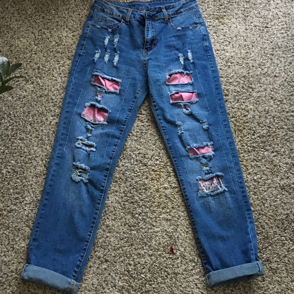 Women's Distressed Blue Jeans with Pink Accents